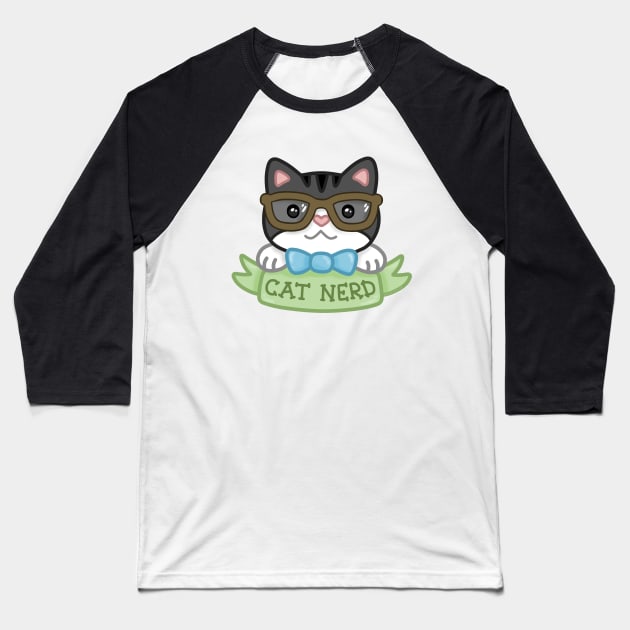 Cat Nerd Gray Tabby Baseball T-Shirt by beckadoodles